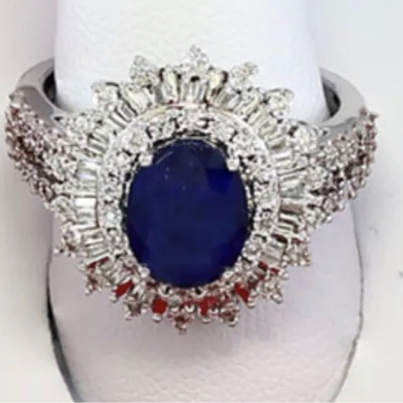 EFFY Statement Ring 14k White Gold, huge Sapphire Nestled in Tons of Diamonds LN - Picture 2 of 14